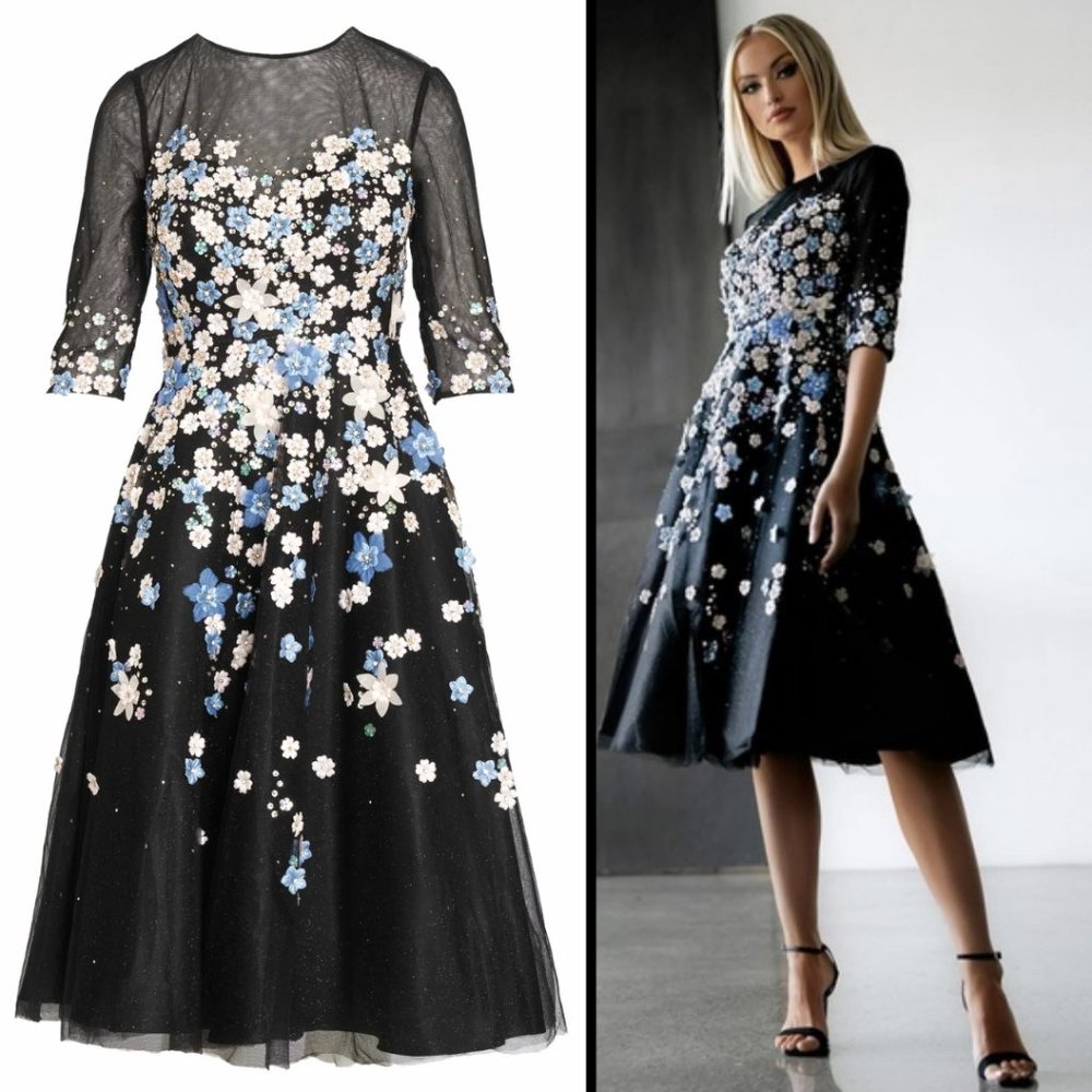 Mac Duggal 11161 Size 6 Black Blue Pink Floral Embroidered A-Line Cocktail Dress